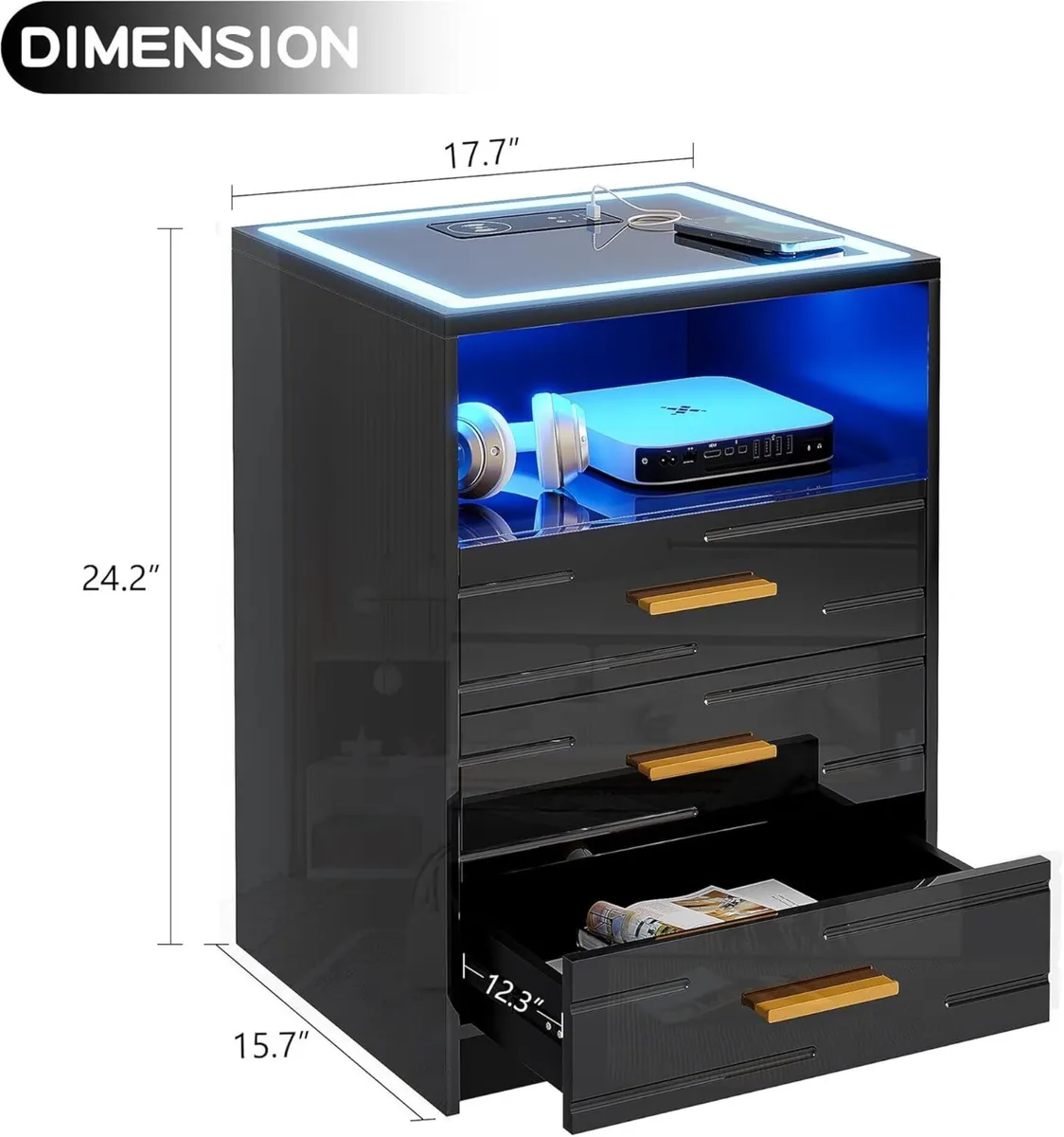 LED Black Bedside Table with Wireless Charging - Image 2