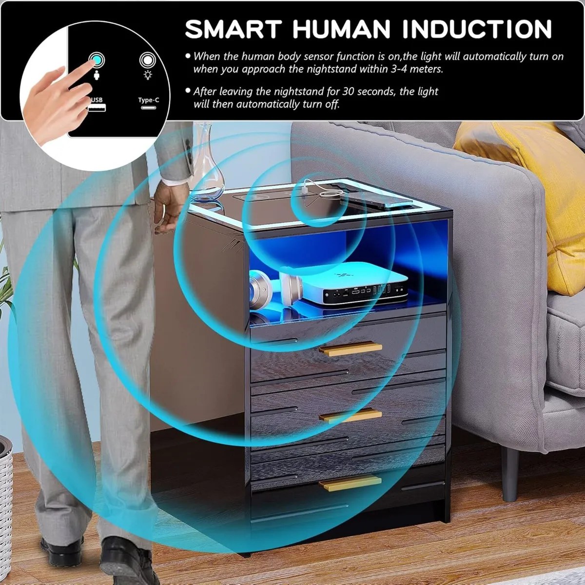LED Black Bedside Table with Wireless Charging - Image 3