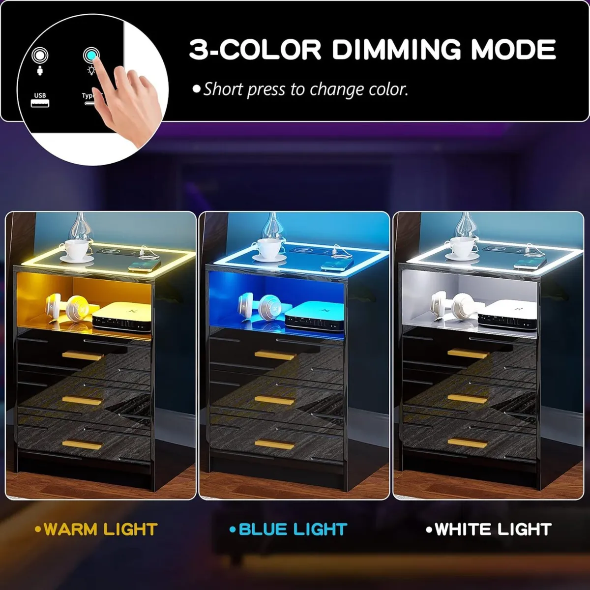 LED Black Bedside Table with Wireless Charging - Image 4