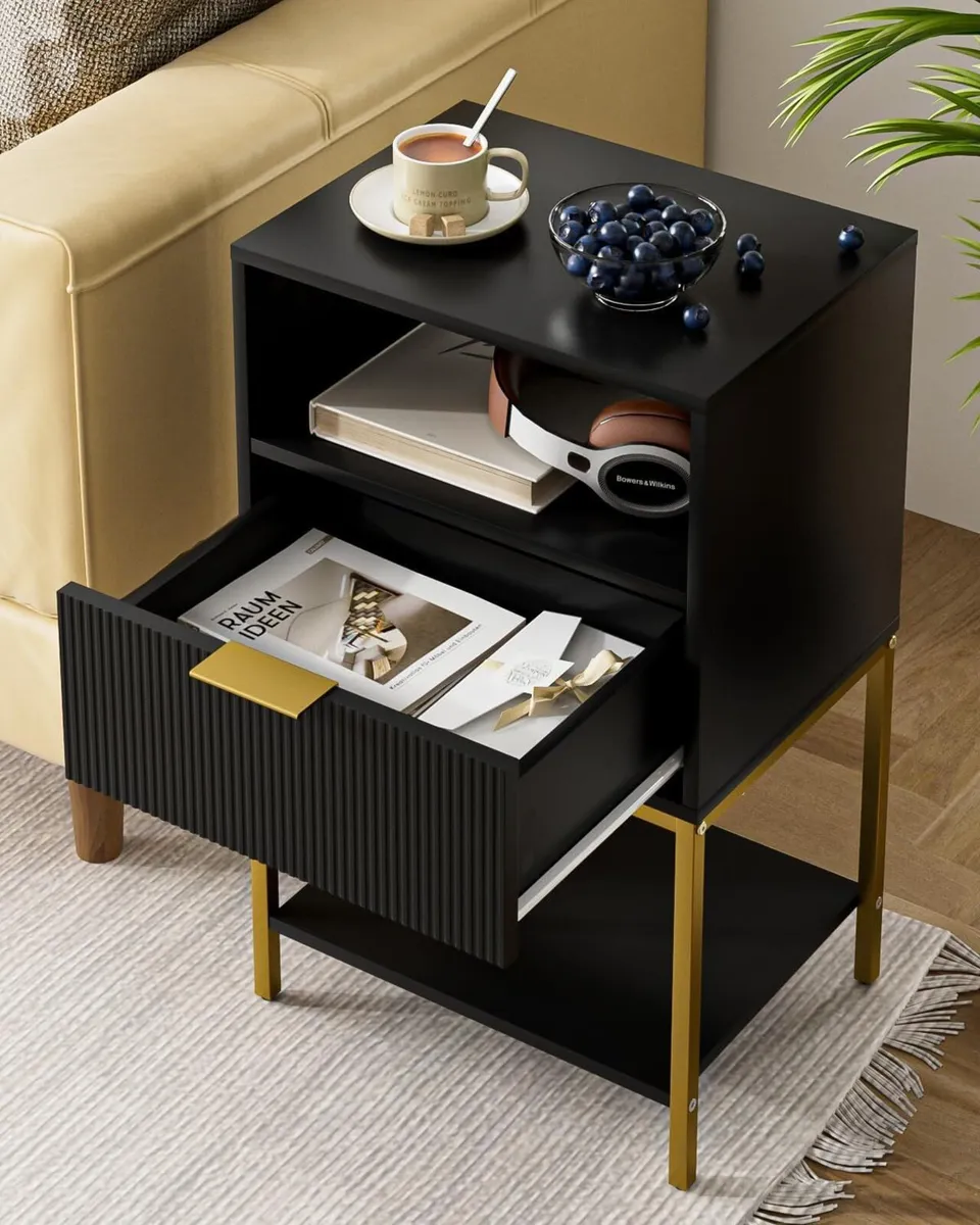 Bedside Table Side with Gold Frame Tall Black - Image 4