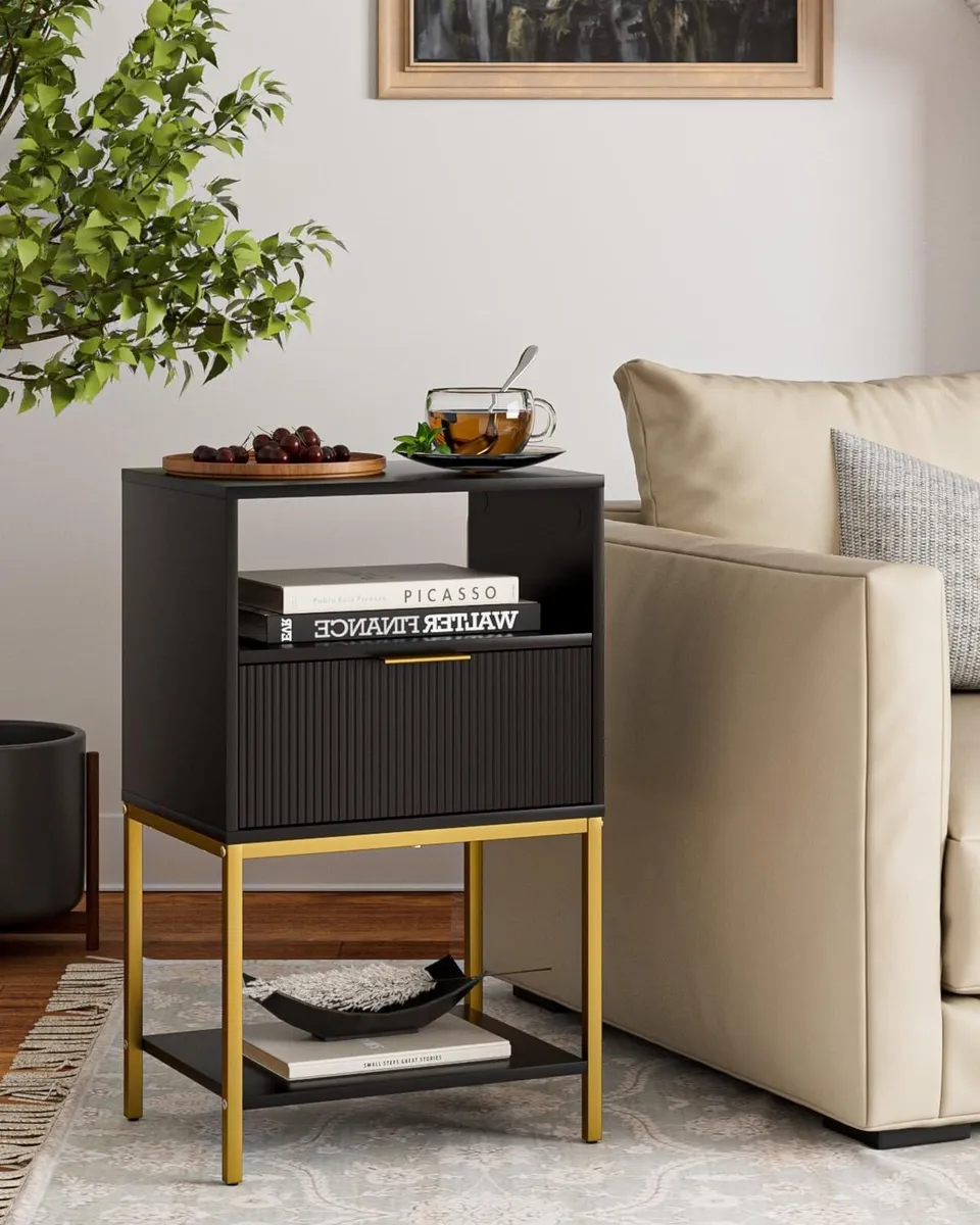 Bedside Table Side with Gold Frame Tall Black - Image 1