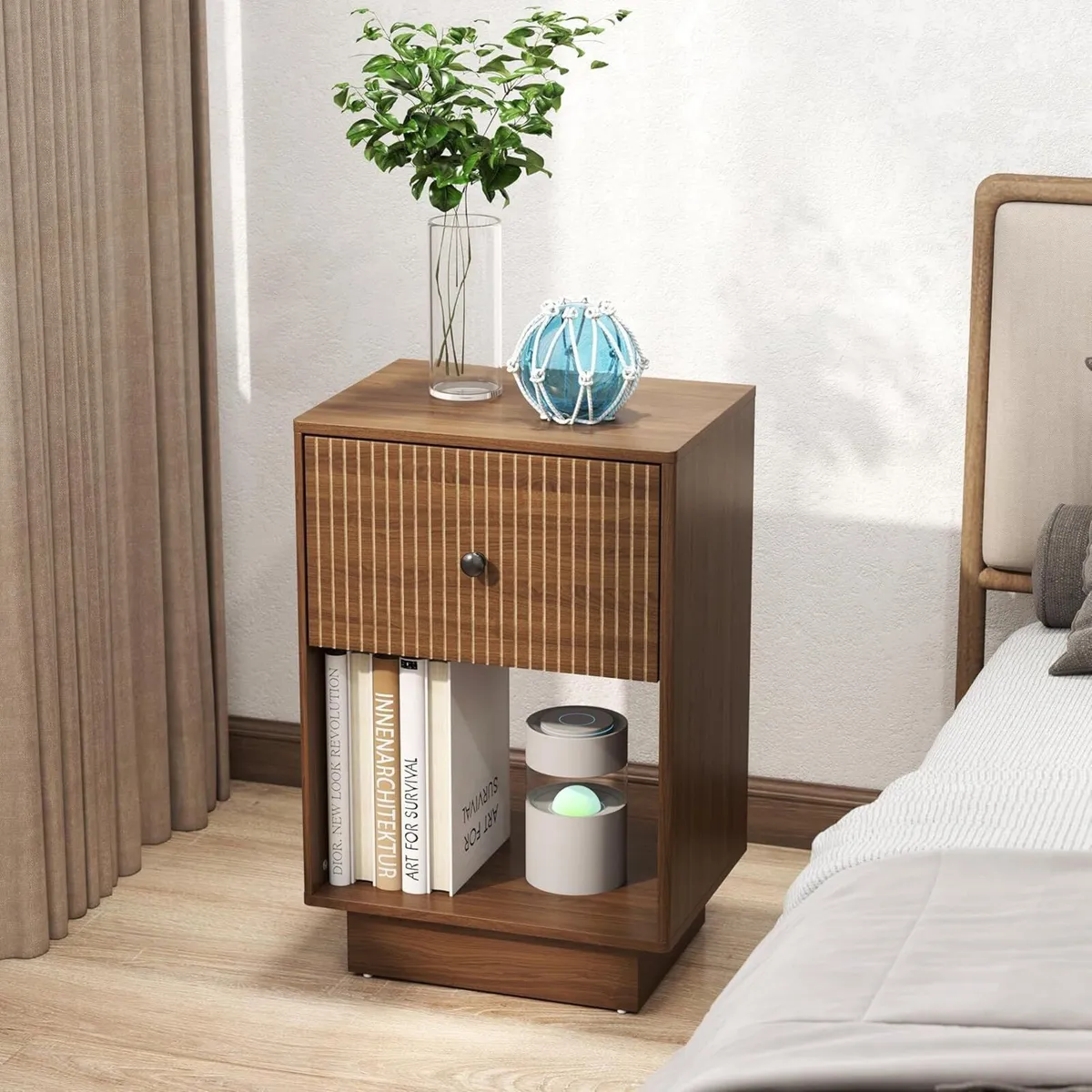 Walnut Bedside Tables with Drawers Brown Nightstan - Image 1