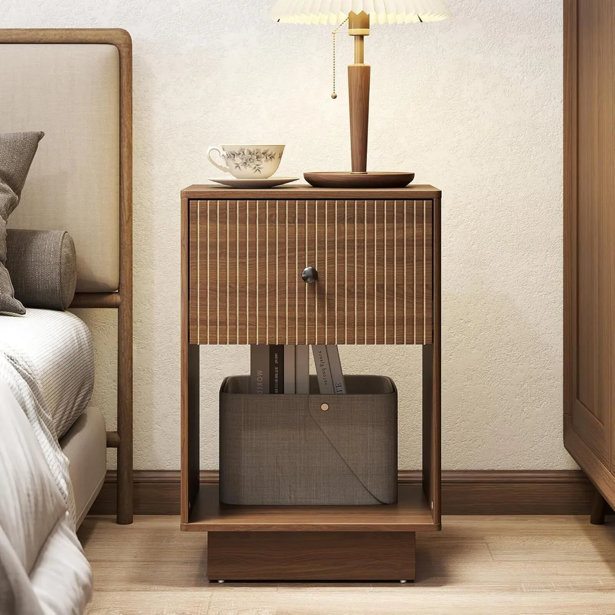 Walnut Bedside Tables with Drawers Brown Nightstan - Image 2