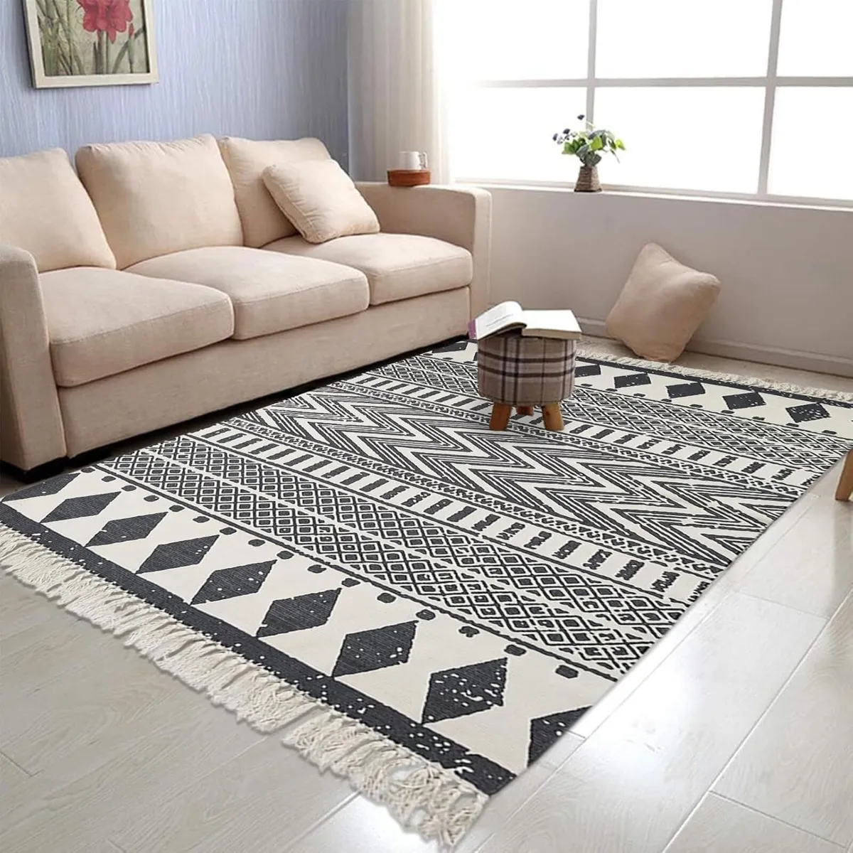 Black Cream Living Room Rug Boho Runner Farmhouse - Image 1