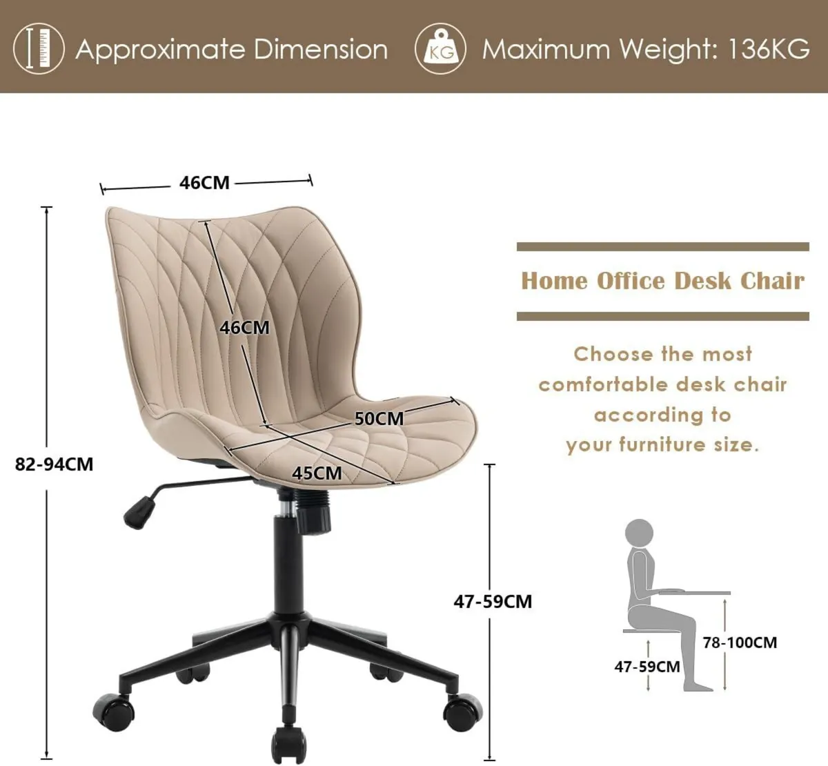 Armless Office Chair Comfy Adjustable Desk for - Image 2