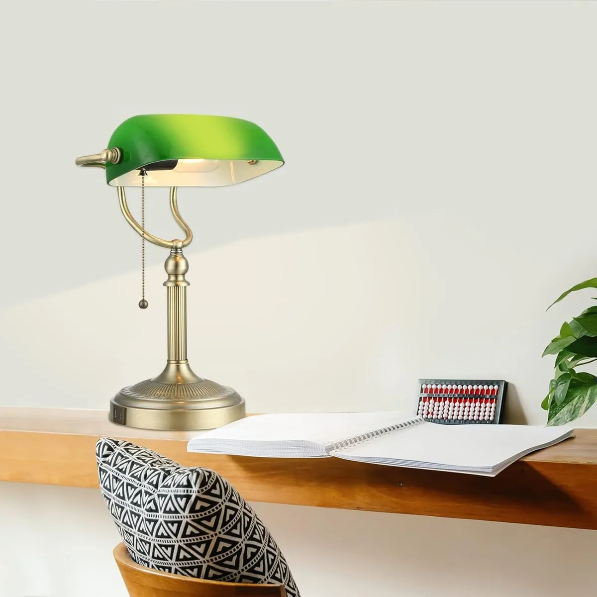 Green Glass Bankers Desk Lamp with Pull Chain - Image 3