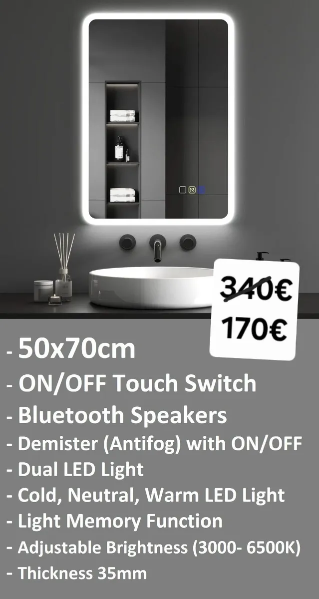 LED Bathroom Mirror 50x70cm Dual LED Speakers - Image 1