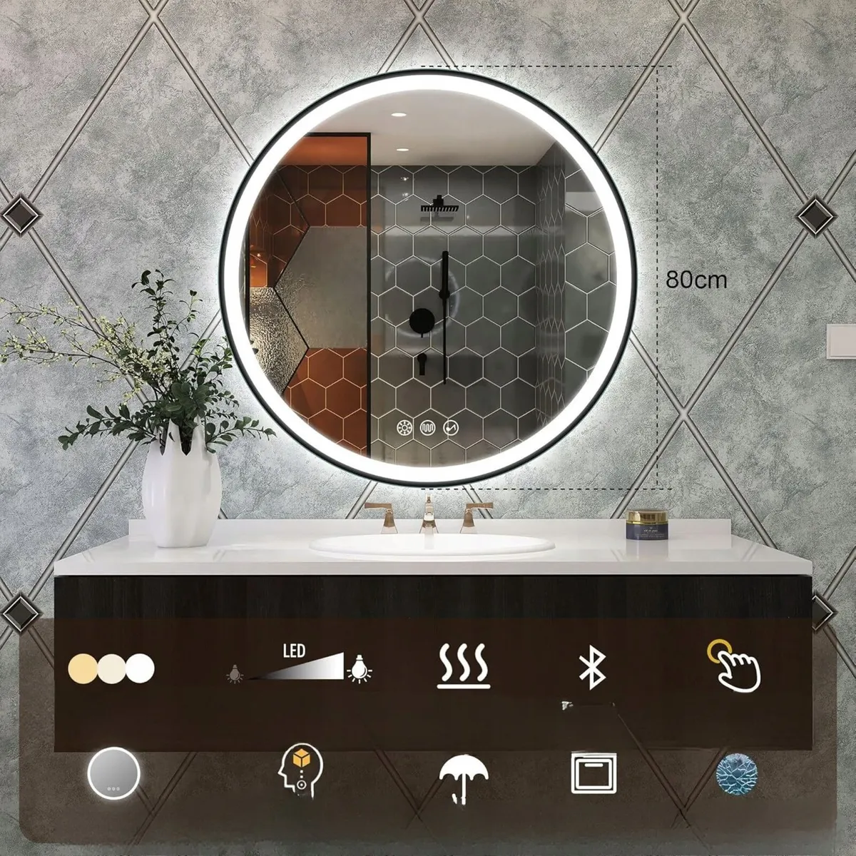 LED Bathroom Mirror Bluetooth Demister Black Frame - Image 1