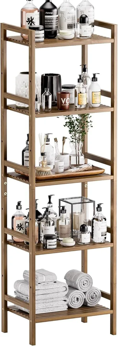 5-Tier Tall Bookcase Narrow Adjustable Bamboo - Image 1