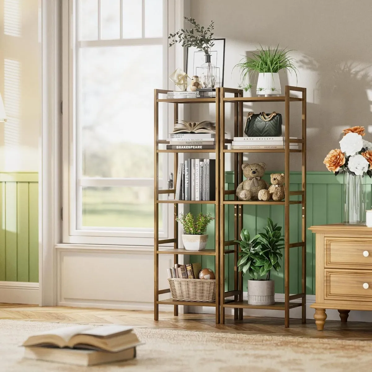 5-Tier Tall Bookcase Narrow Adjustable Bamboo - Image 2