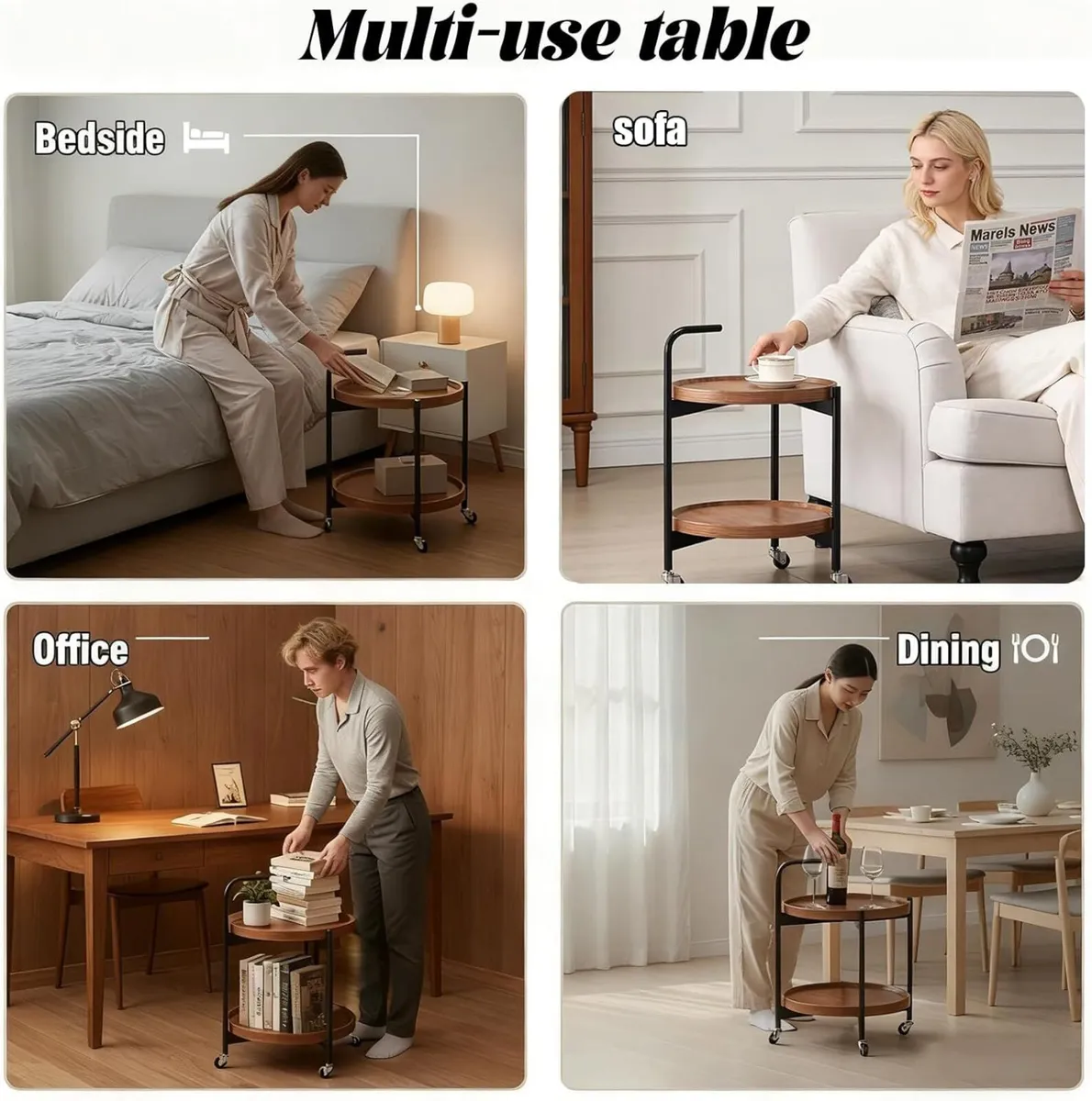 2 Tier Round End Table with Wheels Sofa Small - Image 3