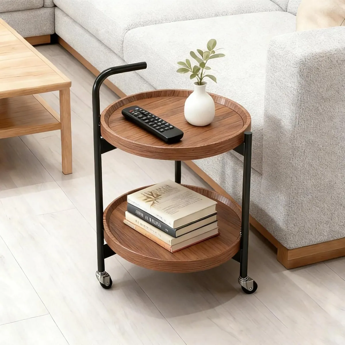 2 Tier Round End Table with Wheels Sofa Small - Image 1