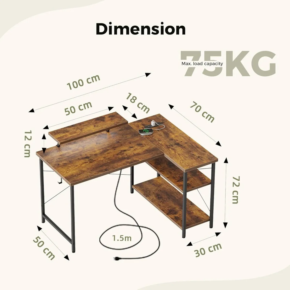 Small L-Shaped Desk with LED 100x70cm Computer - Image 2