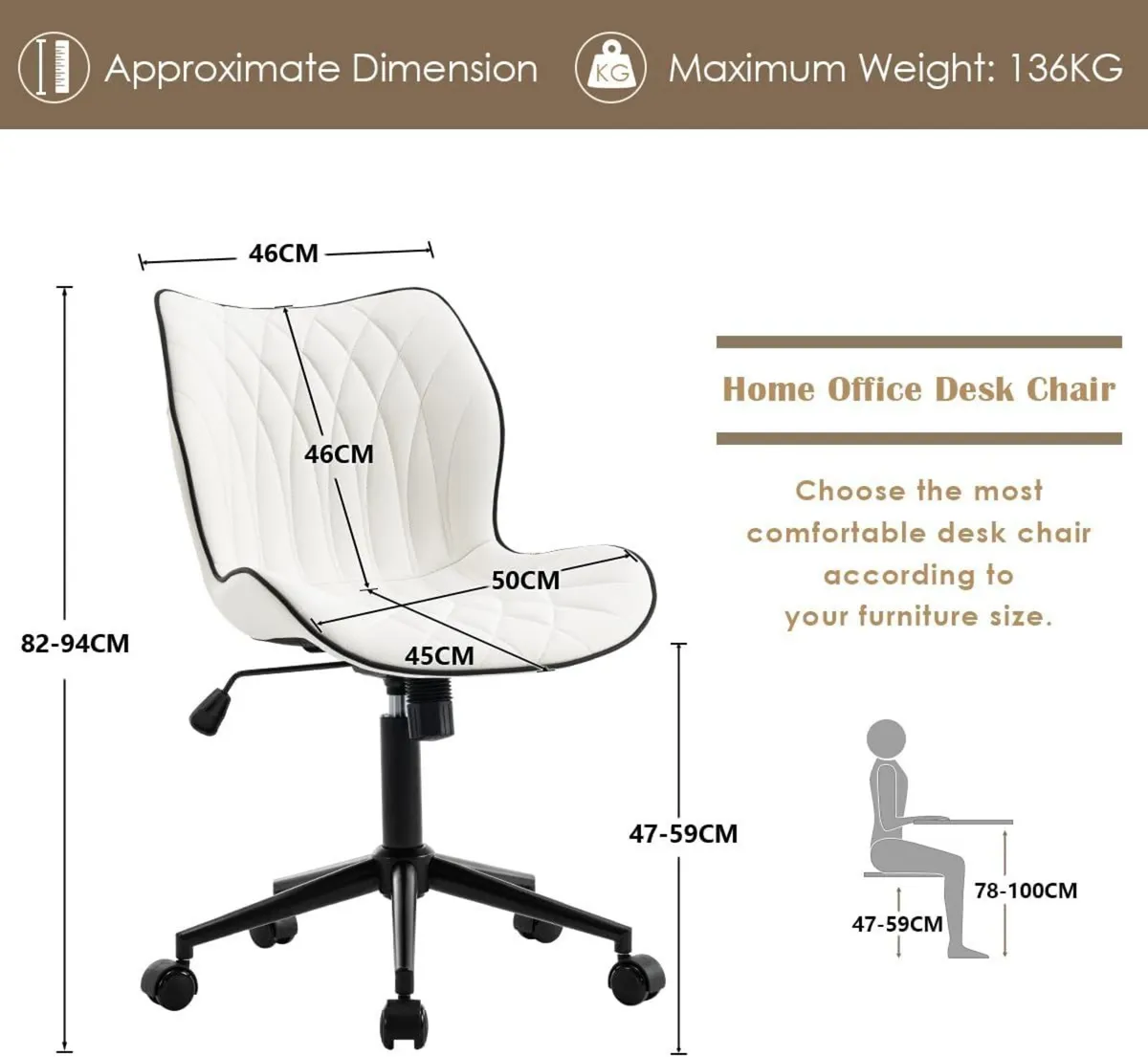 Armless Office Chair Comfy Adjustable Desk for - Image 2