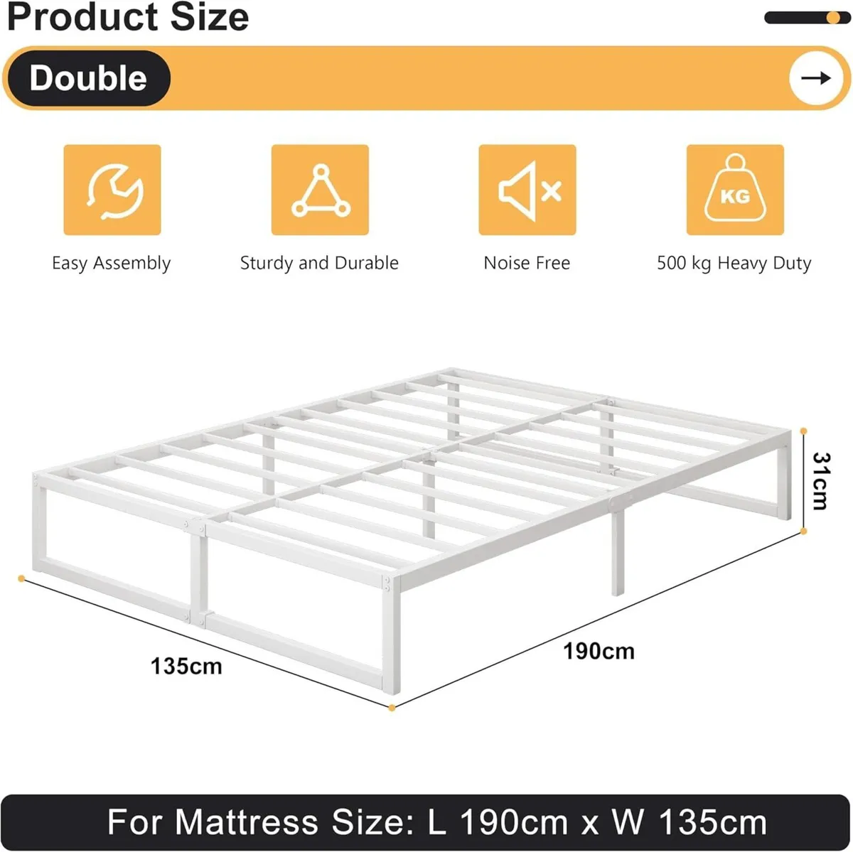 Double Bed Frame 135x190 cm Metal with Steel Slat - Image 2