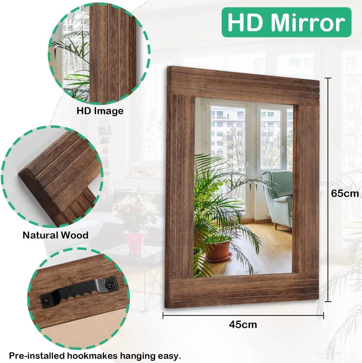 Rustic Mirror Wooden Rectangular Antique Wall - Image 2