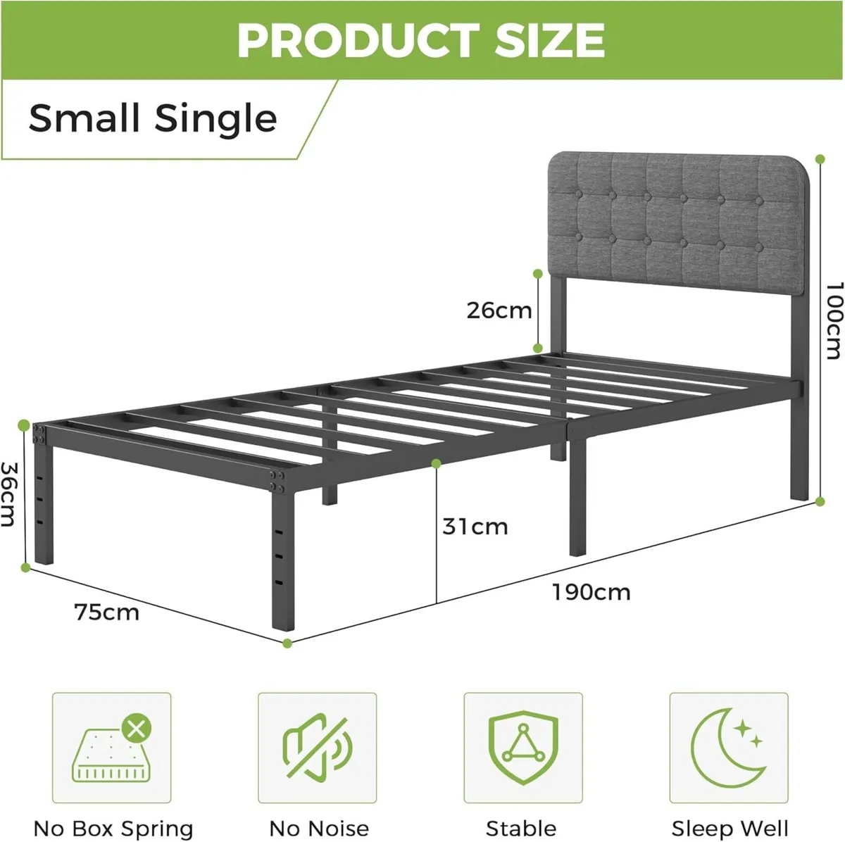 Small Single Bed Frame 2ft 6 with Curved Upholster - Image 2
