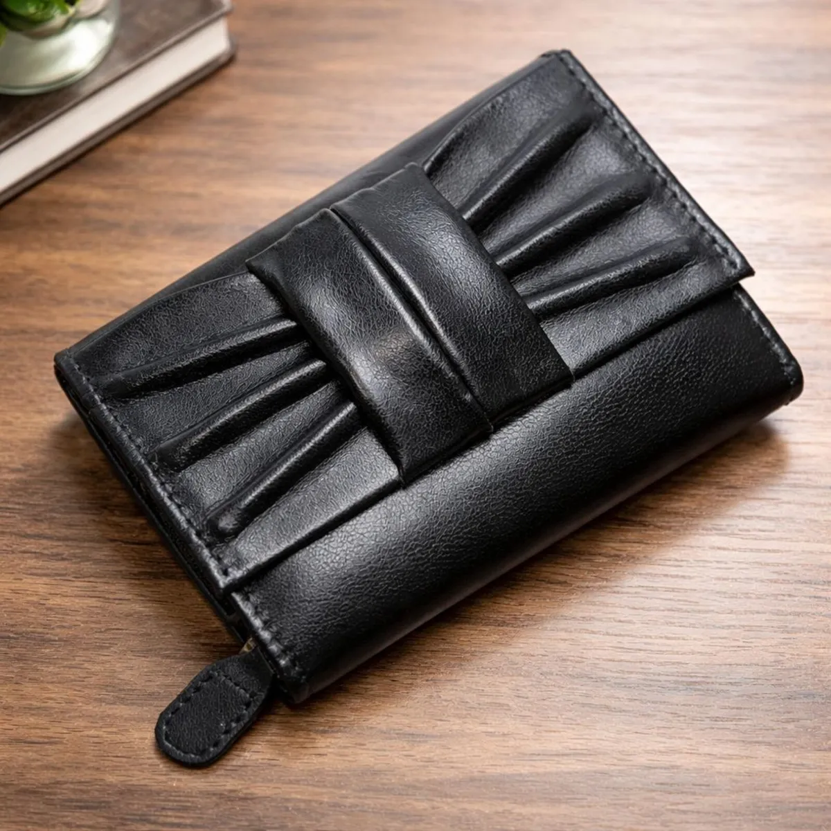Women Black Leather Wallet Compact Ladies Clutch - Image 1