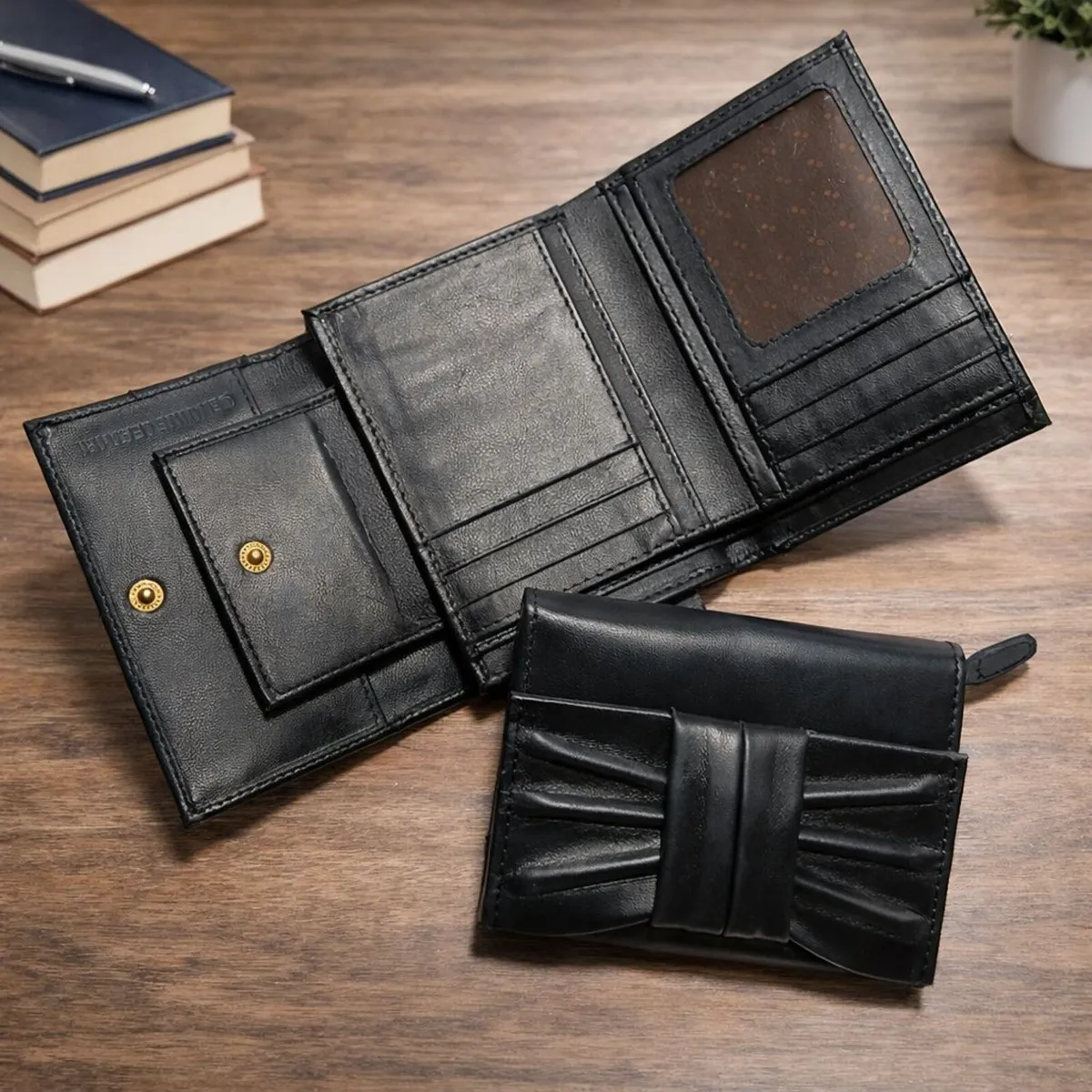 Women Black Leather Wallet Compact Ladies Clutch - Image 4