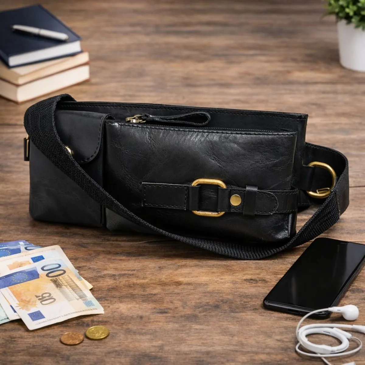 Black Genuine Leather Crossbody Waist Bag - Image 1