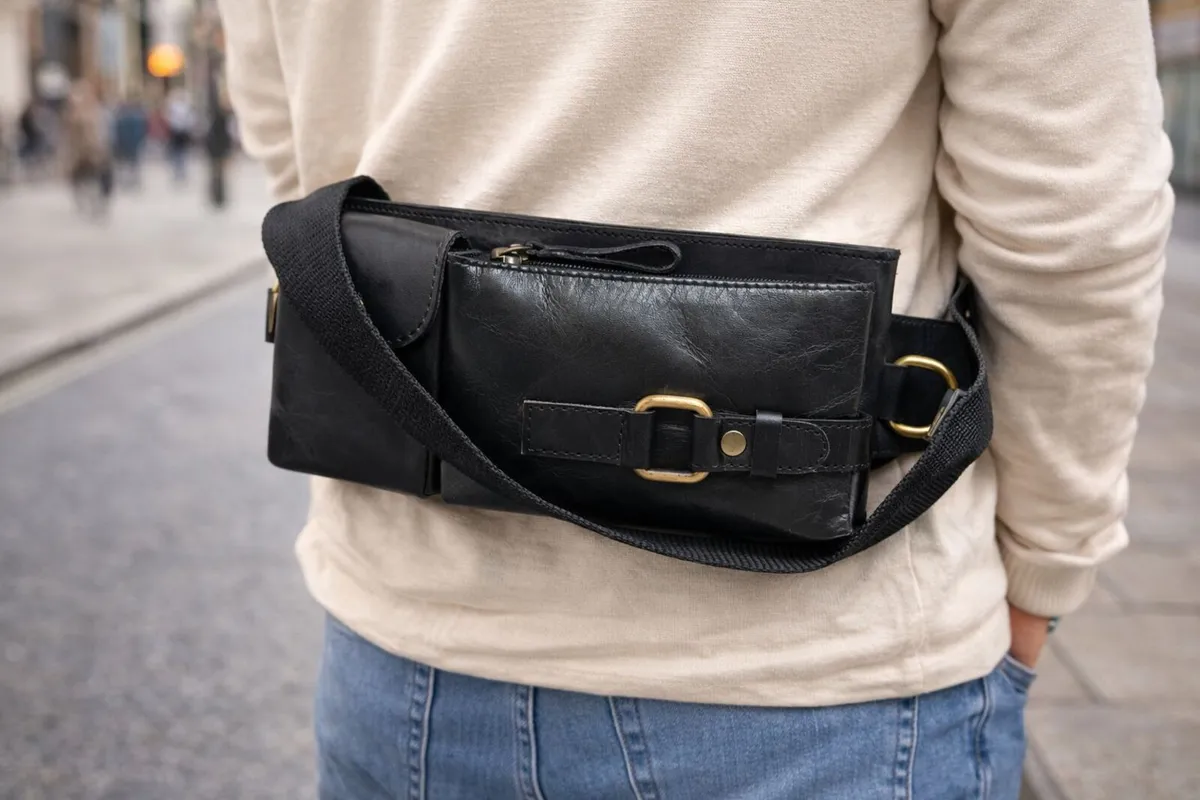 Black Genuine Leather Crossbody Waist Bag - Image 2