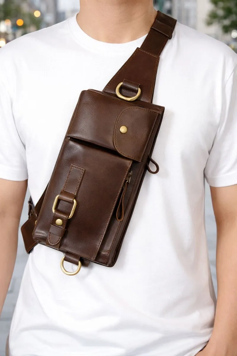 Brown Genuine Leather Crossbody Waist Bag - Image 2