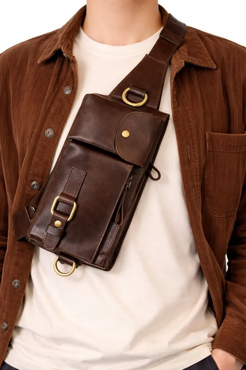 Brown Genuine Leather Crossbody Waist Bag - Image 3