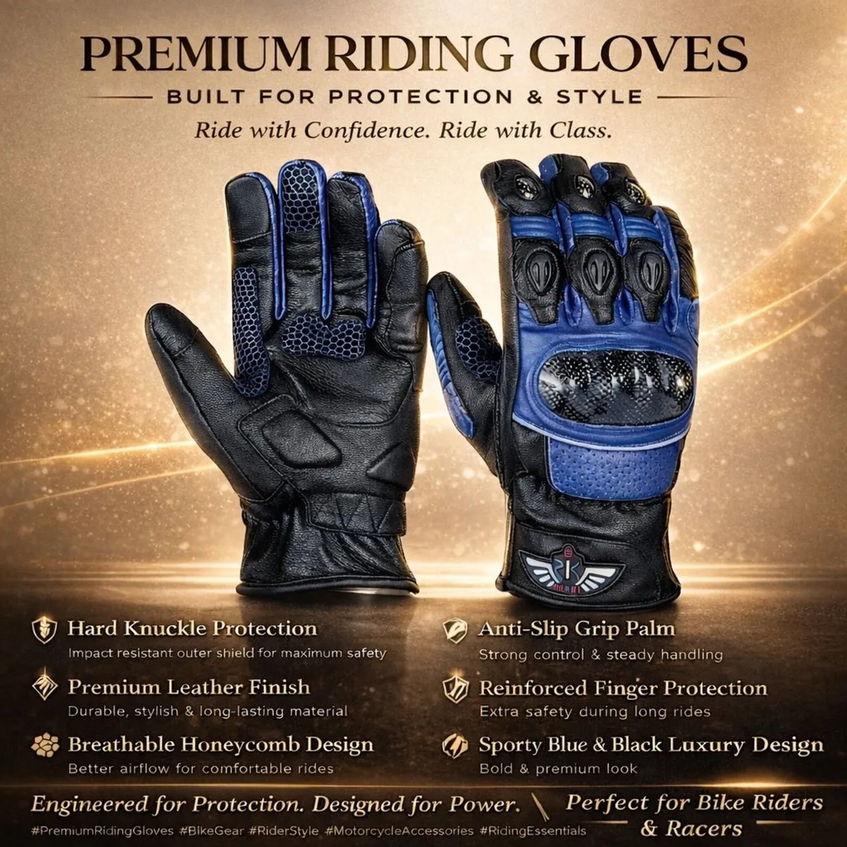 Premium Blue & Black Leather Motorcycle Gloves - Image 4