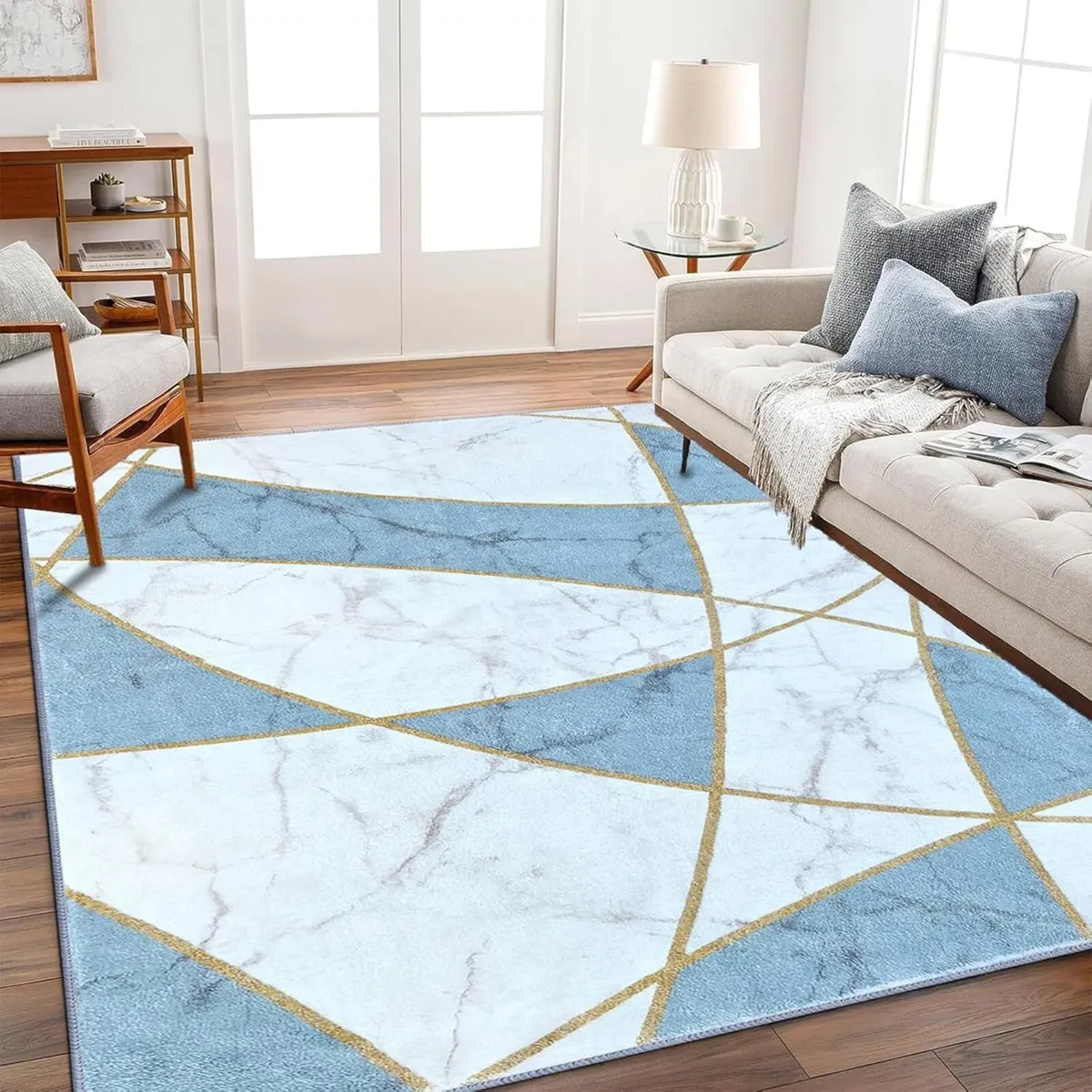 Modern Marble Rug for Living Room Large Blue and - Image 1