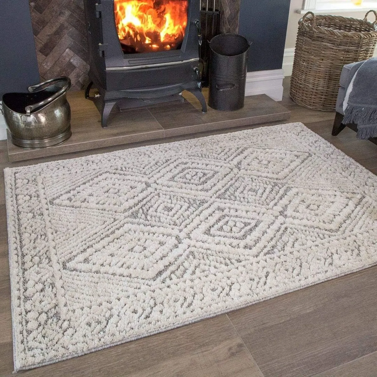 Large Soft Fluffy Grey Cream Hygge Trellis Area - Image 2