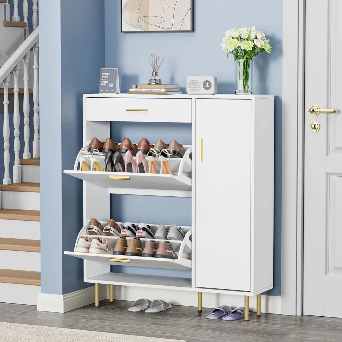 Modern Shoe Cabinet with 2 Flip Drawers Side - Image 3