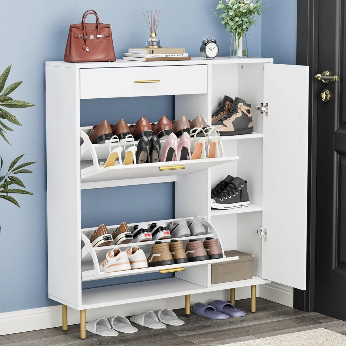 Modern Shoe Cabinet with 2 Flip Drawers Side - Image 4