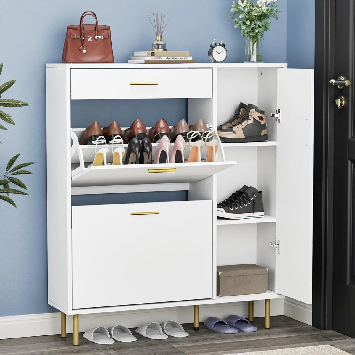 Modern Shoe Cabinet with 2 Flip Drawers Side - Image 1