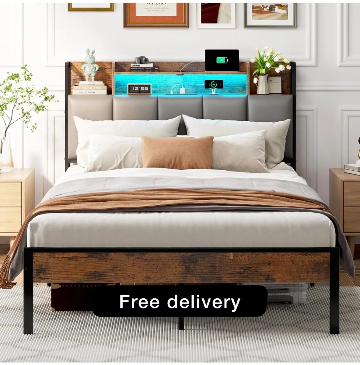 4ft6 Double Bed Frame with Storage Upholstered Hea - Image 1
