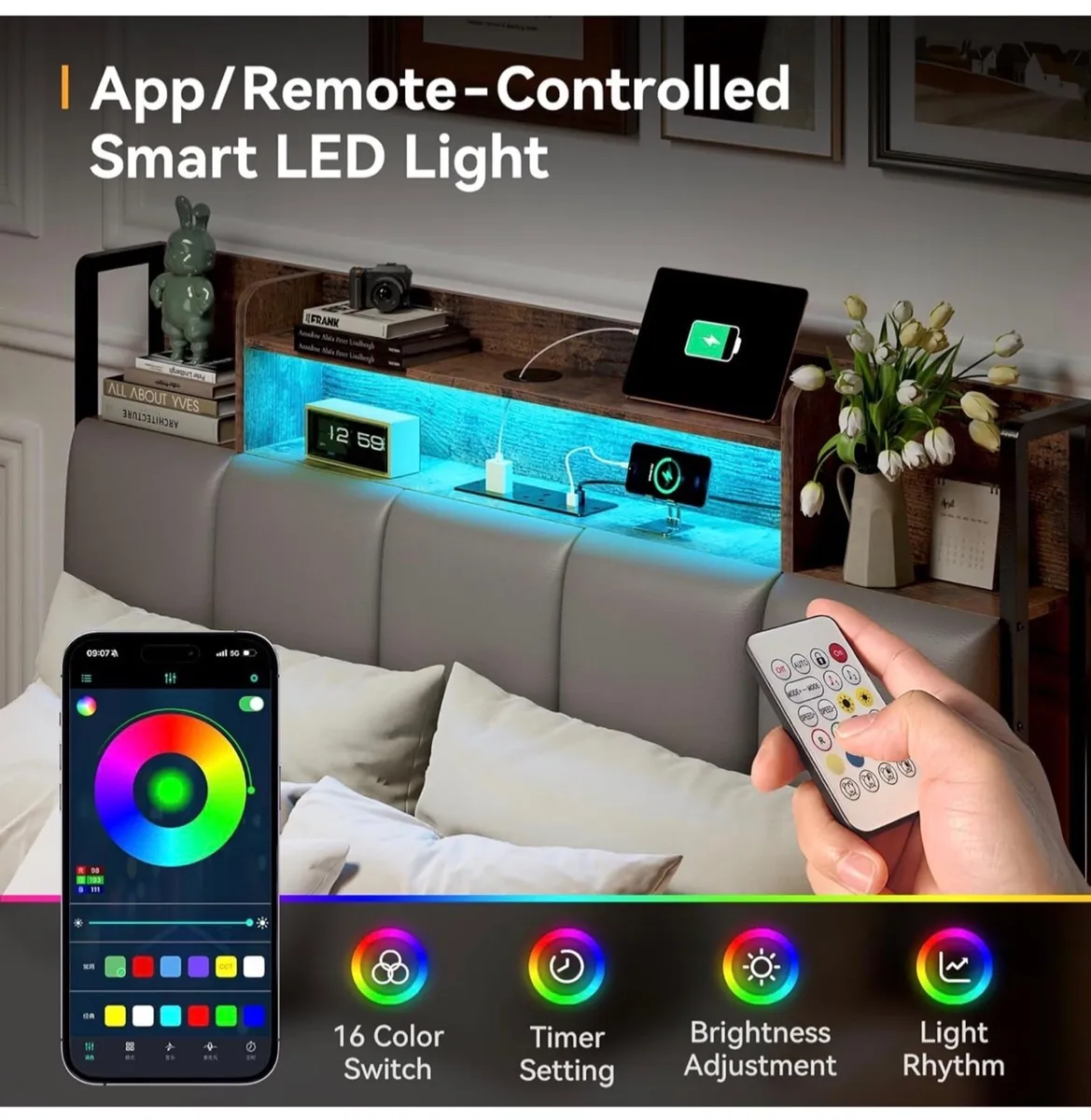 4ft6 Double Bed Frame with Storage Upholstered Hea - Image 1