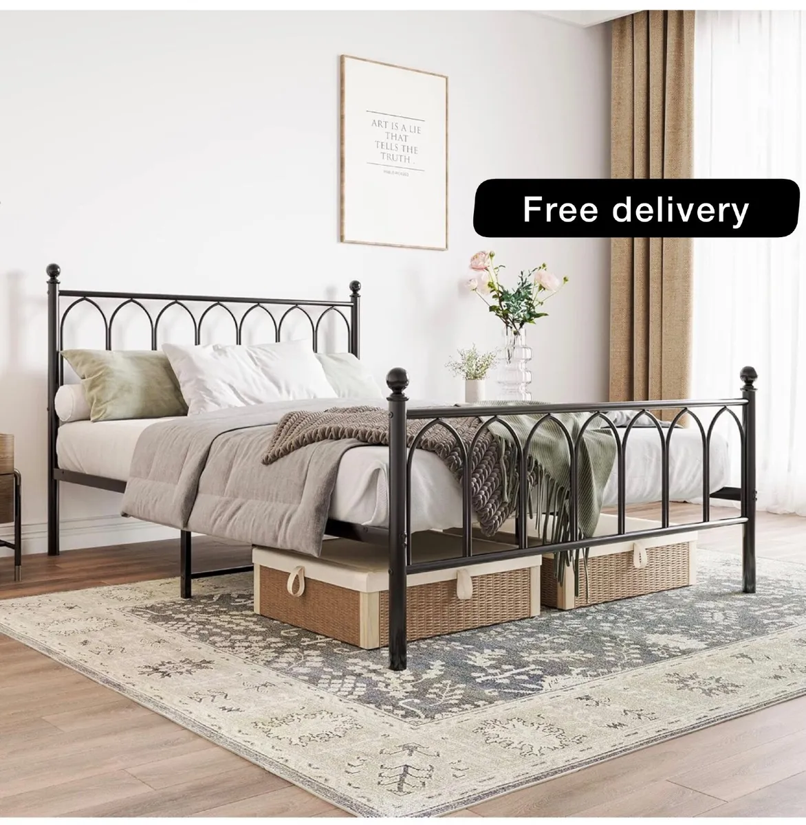 Double Metal Bed Frame 135 x 190 cm with Headboard - Image 1