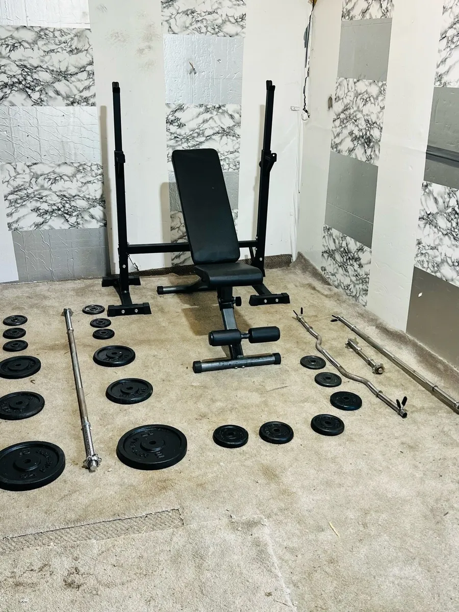 CAST ITON WEIGHTS SET BARBELLS RACK BENCH - Image 1