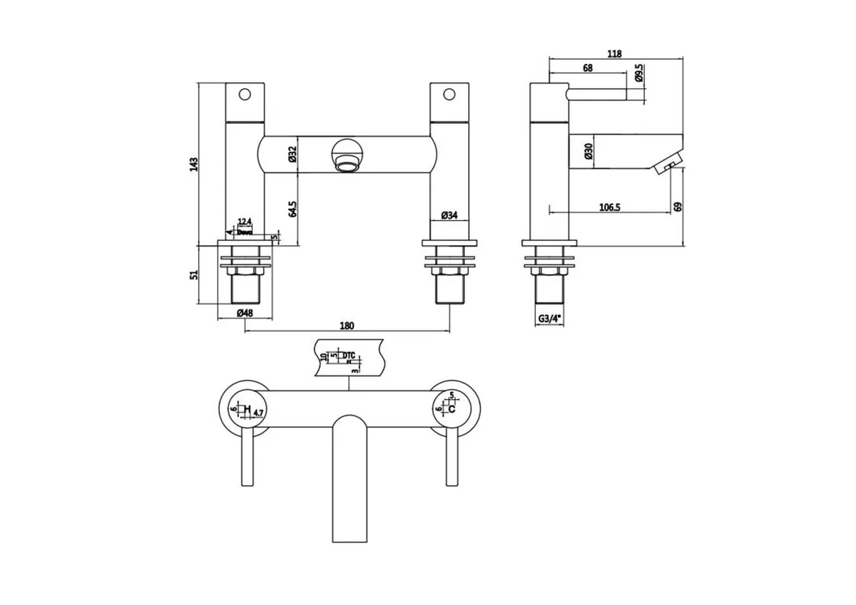 Chrome Bath Filler Tap | Two Lever Bath Mixer - Image 2