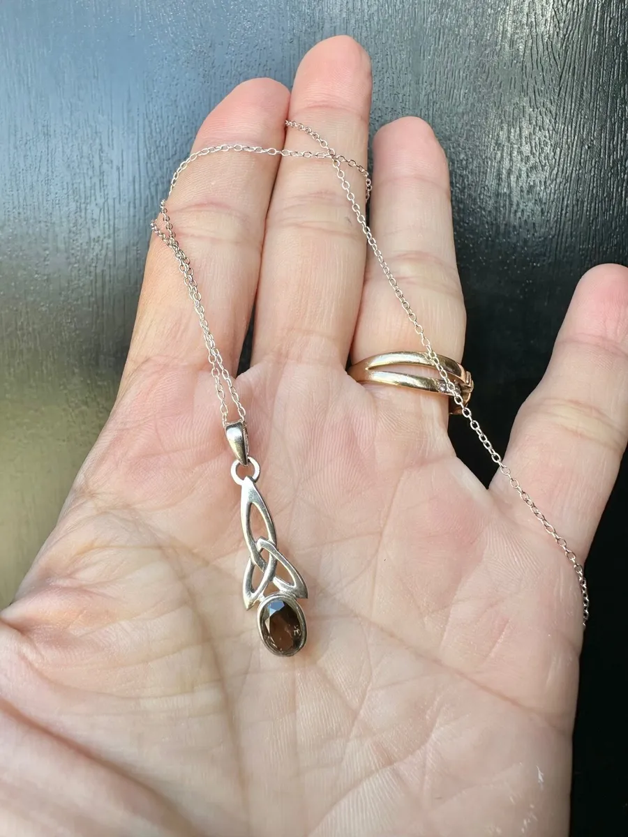 Celtic silver necklace with smoke quartz pendant - Image 1