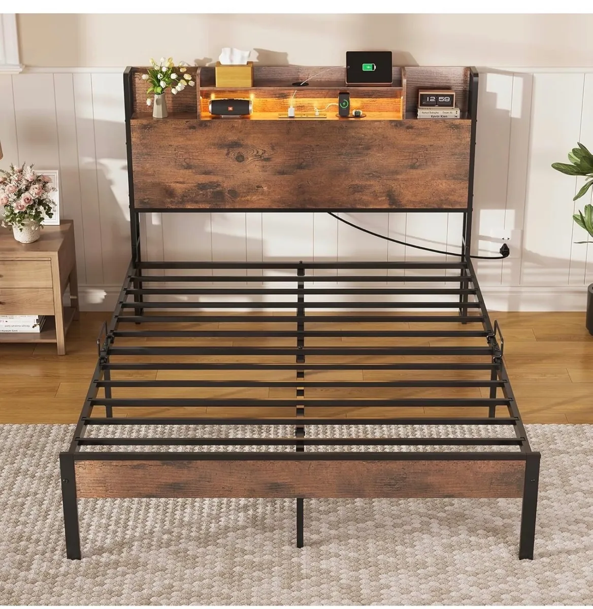 4ft6 Double Bed Frame with Storage Wooden Headboar - Image 2