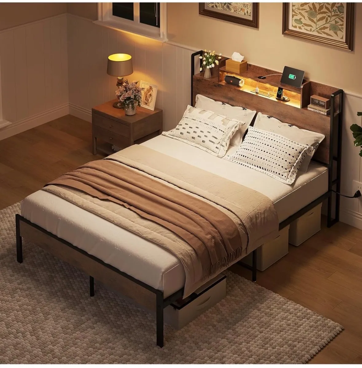 4ft6 Double Bed Frame with Storage Wooden Headboar - Image 3