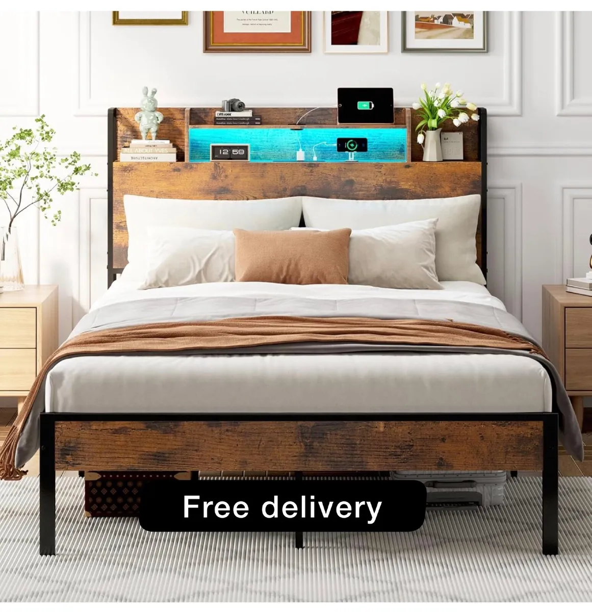4ft6 Double Bed Frame with Storage Wooden Headboar - Image 1