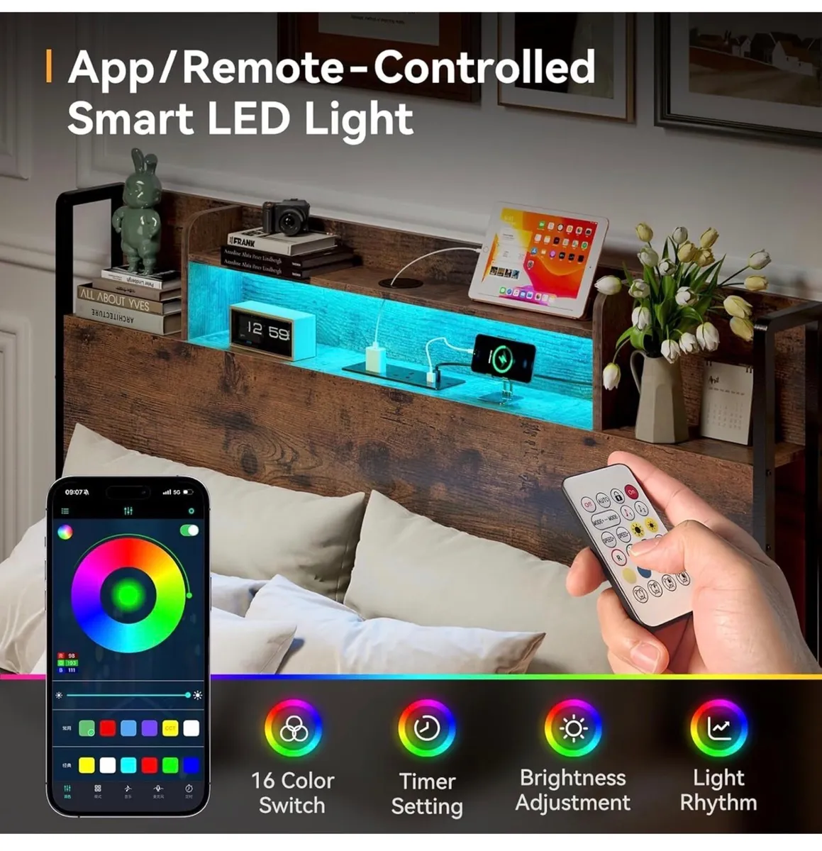 4ft6 Double Bed Frame with Storage Wooden Headboar - Image 1