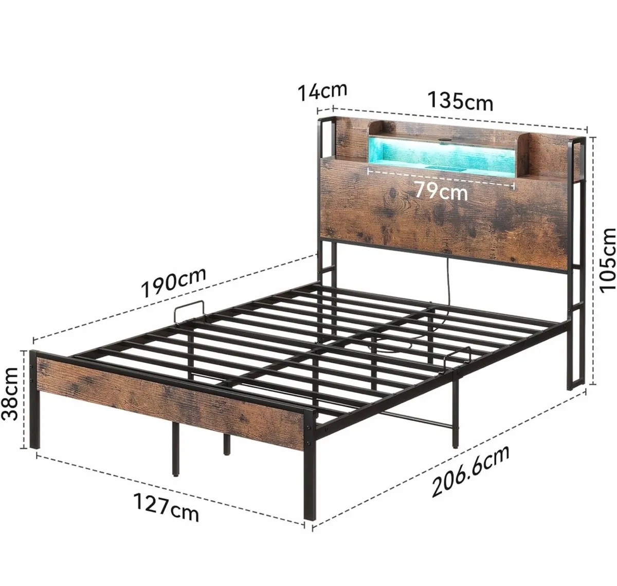 4ft6 Double Bed Frame with Storage Wooden Headboar - Image 2