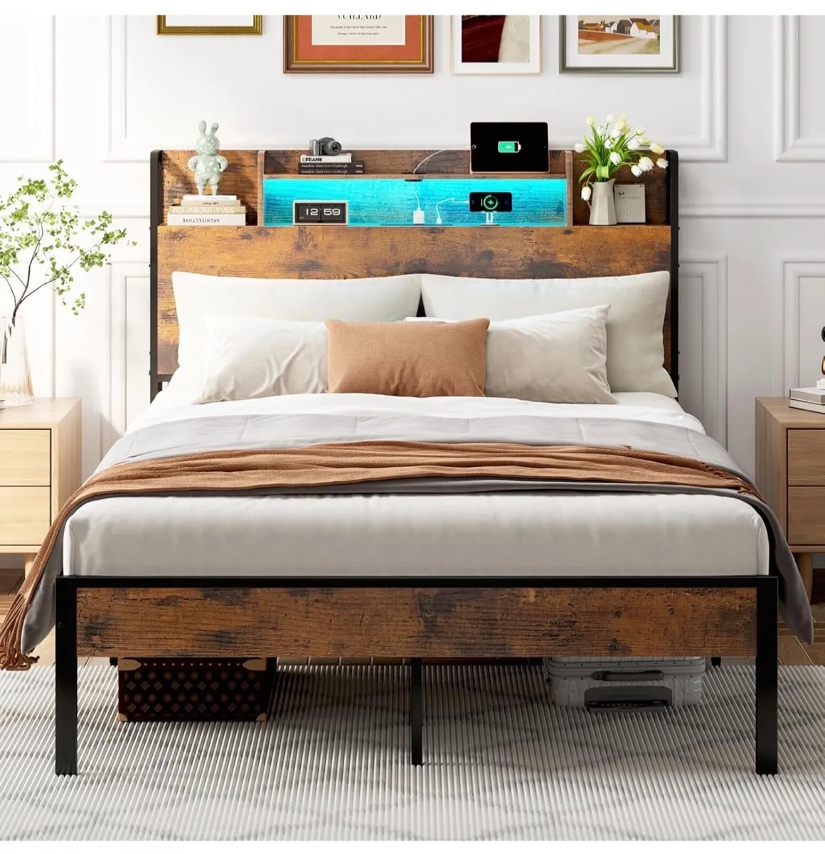 4ft6 Double Bed Frame with Storage Wooden Headboar - Image 3