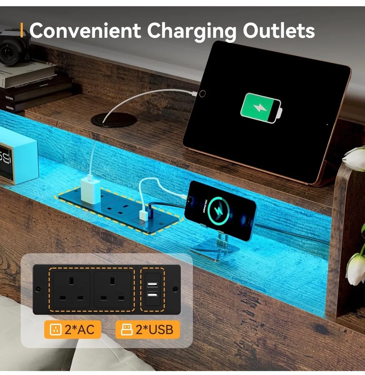 4ft6 Double Bed Frame with Storage Wooden Headboar - Image 4