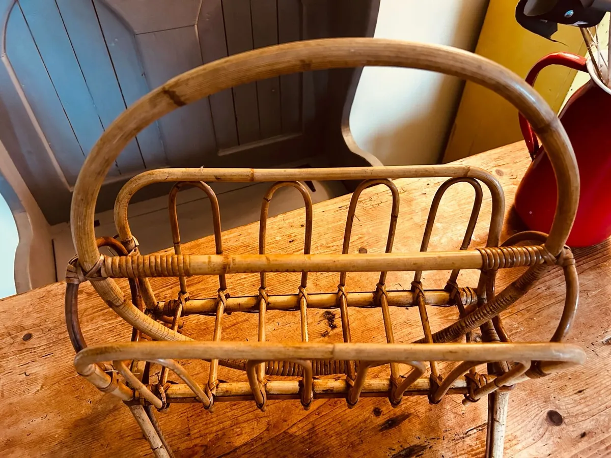 Vintage Wicker / Rattan Magazine Rack with Handle - Image 2