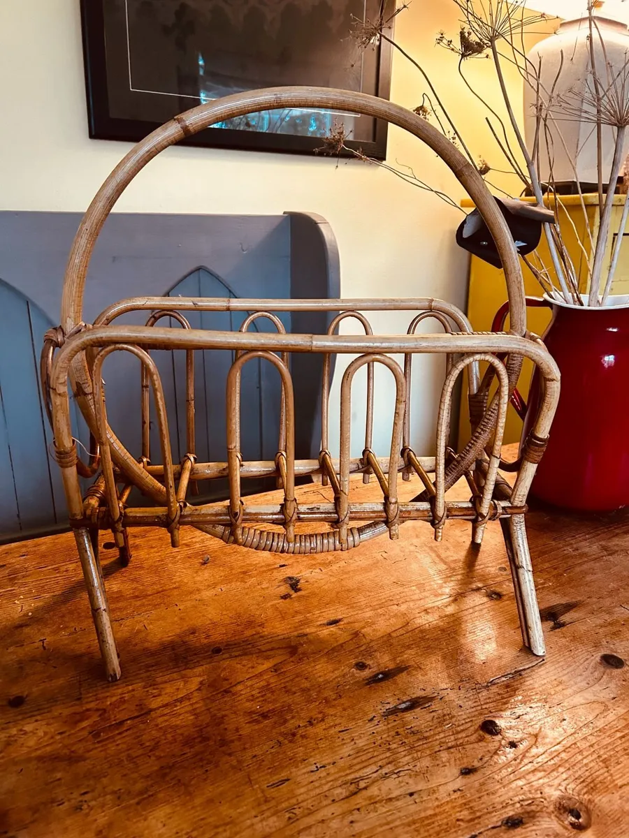 Vintage Wicker / Rattan Magazine Rack with Handle - Image 3