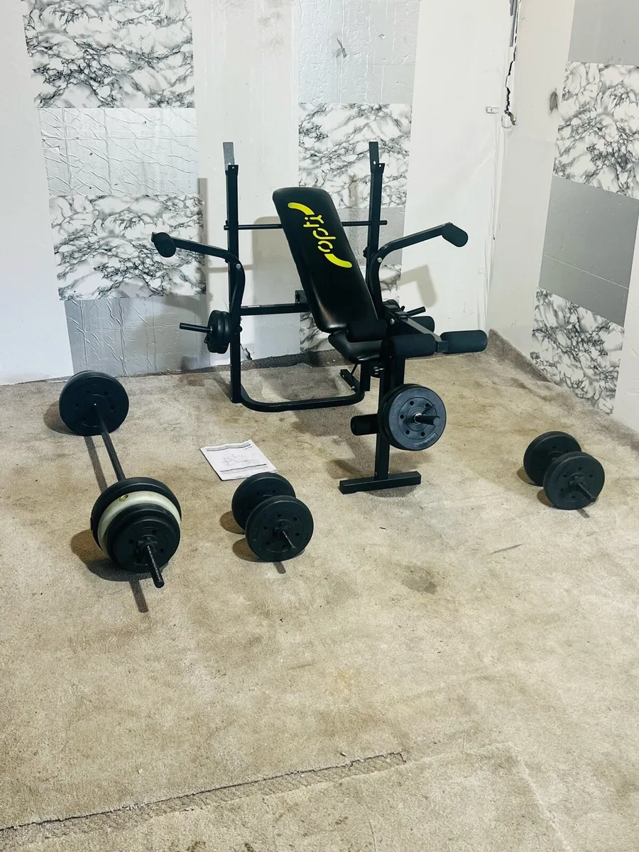 OPTI FOLDABLE WEIGHT BENCH 50KG BARBELL DUMBBELLS - Image 1