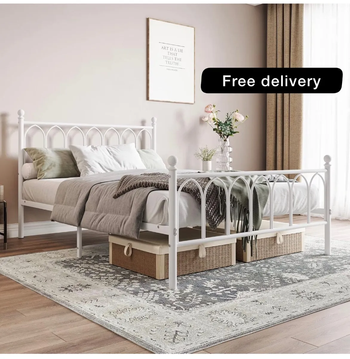 Double Metal Bed Frame 135 x 190 cm with Headboard - Image 1